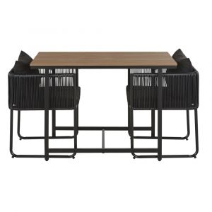 Ensemble table en composite imitation teck et fauteuils de jardin en r&eacute;sine noire
