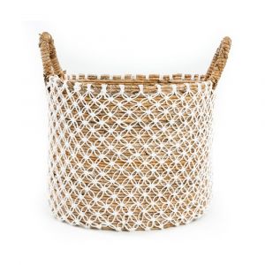 Panier en feuille de bananier et coton blanc naturel 40x40x31 cm