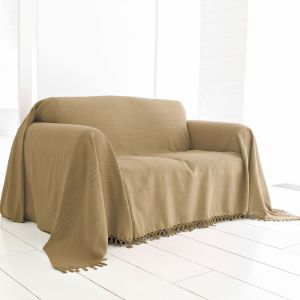 Jet&eacute; de canap&eacute; en coton beige ficelle 270x250cm