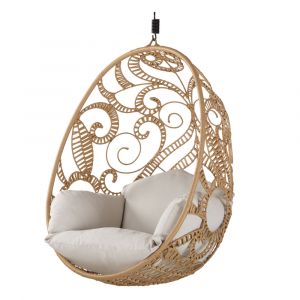 Fauteuil suspendu ext&eacute;rieur en r&eacute;sine recycl&eacute;e imitation rotin et coussin &eacute;cru (pied vendu s&eacute;par&eacute;ment)