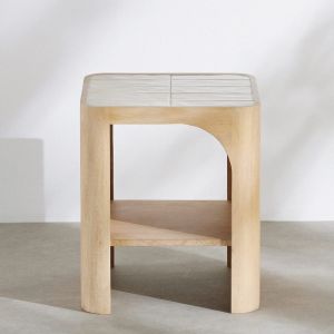 Table de chevet en bois de manguier et plateau en c&eacute;ramique effet zellige &eacute;cru L40