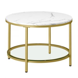 Table basse support en verre tremp&eacute; blanc marbr&eacute; et dor&eacute; clair