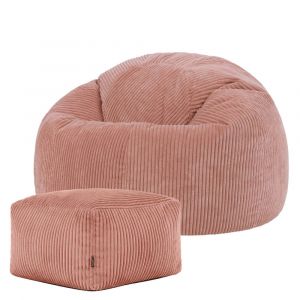 Pouf avec repose-pied carr&eacute; velours c&ocirc;tel&eacute; rose aube