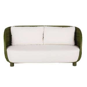 Canap&eacute; de jardin 3 places en r&eacute;sine tress&eacute;e vert kaki et coussins en polyester recycl&eacute; beige