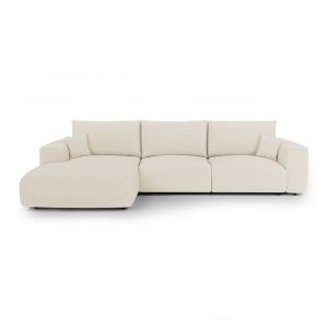 Canap&eacute; angle gauche convertible express 5 places tissu bouclette cr&egrave;me