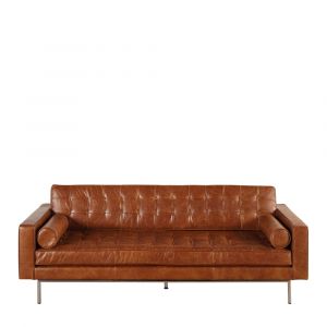 Canapé capitonné 3 places en cuir marron