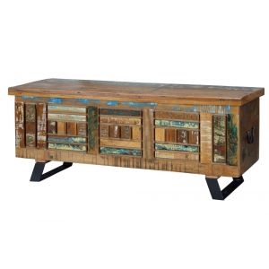 Coffre en bois recycl&eacute; multicolore