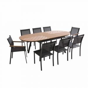 Ensemble table extensible 180/220 cm et 8 chaises de jardin effet bois