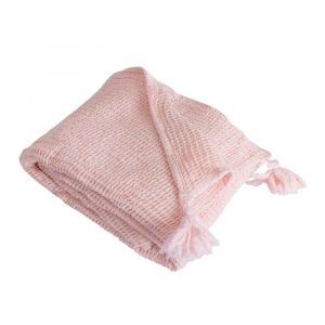Couverture plaid coton rose p&acirc;le avec pompons 130x170 cm