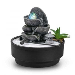 Fontaine d'int&eacute;rieur jardin zen r&eacute;sine grise d&eacute;cor en relief - H21cm