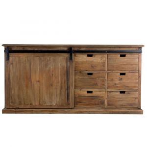 Buffet en bois recycl&eacute;, 6 tiroirs et 1 porte coulissante
