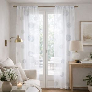 Voilage de fen&ecirc;tre ronds brod&eacute;s polyester blanc 90x210 cm