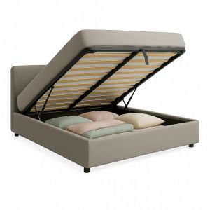 Lit coffre avec t&ecirc;te de lit en bouclette grise 140x190 cm