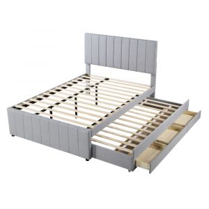 Lit enfant en tissu gris avec lit gigogne et tiroirs 140 x 200 cm