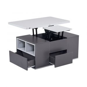 Table basse relevable 2 plateaux 3 tiroirs blanc et gris foncé