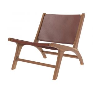 Fauteuil  en teck et cuir lisse marron