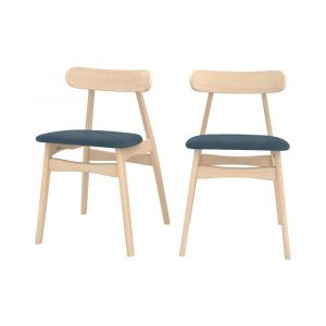 Lot de 2 chaises en tissu bleu et bois d'h&eacute;v&eacute;a