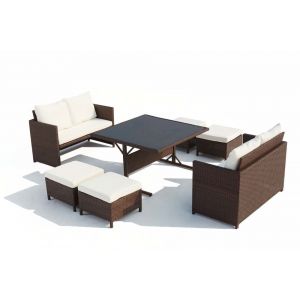 Salon de jardin encastrable 8 places en r&eacute;sine marron- blanc
