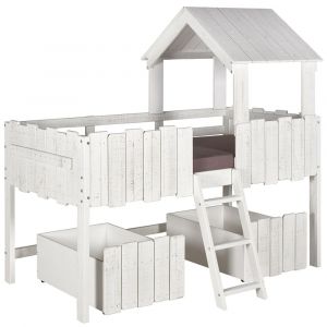 Lit cabane mi-hauteur avec tiroirs bois massif blanc 90x190 cm