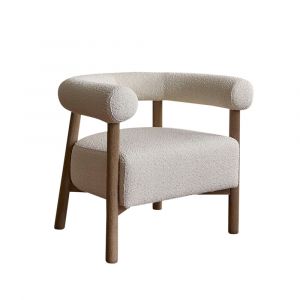 Fauteuil rond en ch&ecirc;ne massif et tissu bouclette &eacute;crue