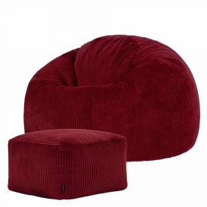 Pouf avec repose-pied carr&eacute; velours c&ocirc;tel&eacute; rouge bordeaux