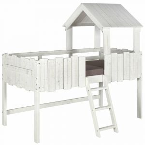 Pack lit cabane mi-hauteur avec matelas bois massif blanc 90x190 cm