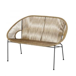 Banquette de jardin 2 places en r&eacute;sine recycl&eacute;e imitation rotin et m&eacute;tal noir