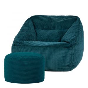 Pouf fauteuil avec repose-pied rond velours c&ocirc;tel&eacute; bleu canard