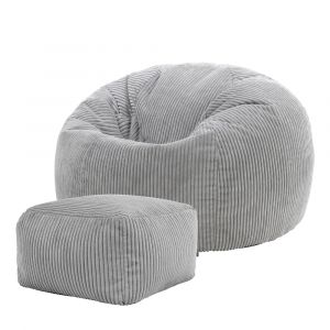 Pouf avec repose-pied carr&eacute; velours c&ocirc;tel&eacute; gris clair