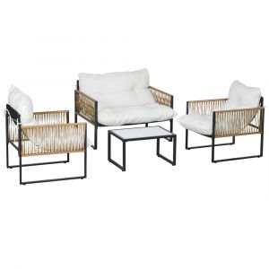 Salon de jardin 4 pi&egrave;ces table basse acier et r&eacute;sine tress&eacute;e cr&egrave;me