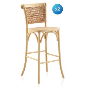Lot de 2 tabourets en orme avec assise et dossier tress&eacute;s