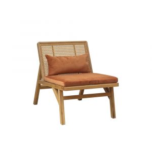 Fauteuil scandinave en ch&ecirc;ne, cannage et velours caramel