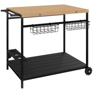 Desserte de jardin chariot pour plancha bois m&eacute;tal 2 plateaux paniers