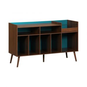 Meuble vinyle vintage bicolore d&eacute;cor bois et bleu 130cm
