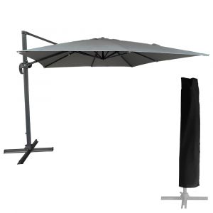 Parasol d&eacute;port&eacute; carr&eacute; 3x3m aluminium toile grise avec housse