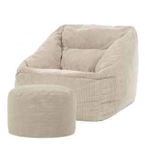 Pouf fauteuil avec repose-pied rond velours c&ocirc;tel&eacute; beige galet