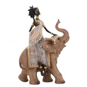 Sculpture Masai avec &eacute;l&eacute;phant en r&eacute;sine brune 22,5x12x32,5 cm