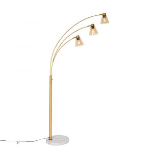 Lampe arc bronze marbre verre ambr&eacute; 3 lumi&egrave;res
