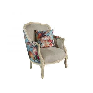Fauteuil berg&egrave;re en lin et tissu &agrave; motifs