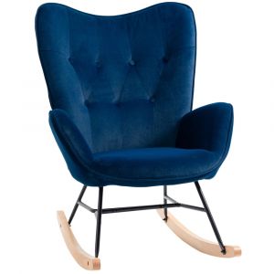 Fauteuil &agrave; bascule oreilles accoudoirs aspect velours bleu