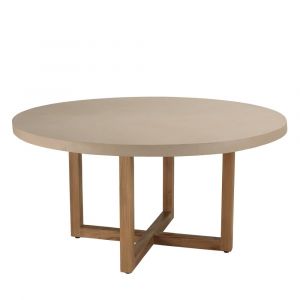Table &agrave; manger ronde b&eacute;ton beige pieds crois&eacute;s en teck D153
