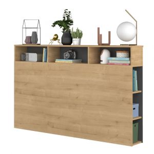 T&ecirc;te de lit effet bois avec niches de rangement, ch&ecirc;ne et gris 160 cm