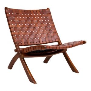 Fauteuil lounge en cuir tress&eacute; marron PAWO&Iuml; marron 74x66x73cm