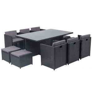 Table et chaises 10 places encastrables en r&eacute;sine noir/gris