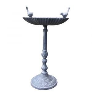 Mangeoire &agrave; oiseaux sur pied abreuvoir jardin fonte grise 50cm