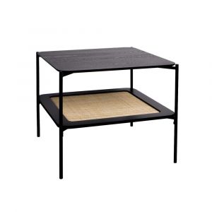 Table basse carr&eacute;e noire d&eacute;cor bois et cannage