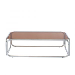 Table basse verre tremp&eacute; orange fonc&eacute; structure en chrome