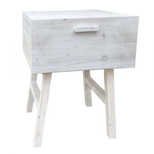 Table de chevet en bois massif avec tiroir couleur blanc vieilli 45cm