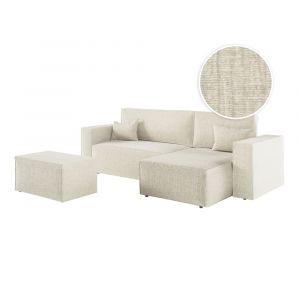 Canap&eacute; d'angle convertible avec pouf en tissu textur&eacute; 3D - Beige