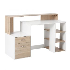 Bureau informatique multim&eacute;dia multi-rangements aspect ch&ecirc;ne blanc